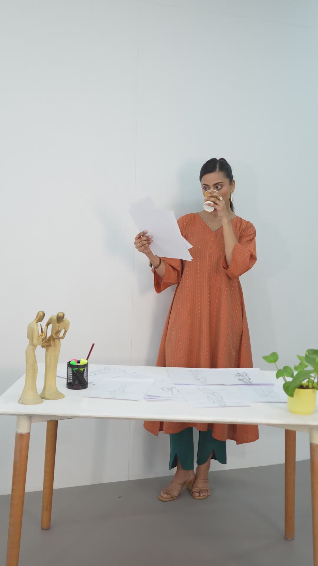 Rust Woven Design Cotton Blend A-Line Kurta Set