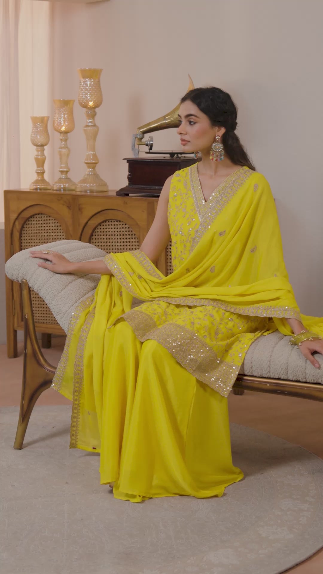 Yellow Embellished Chinon Palazzo Suit Set With Dupatta