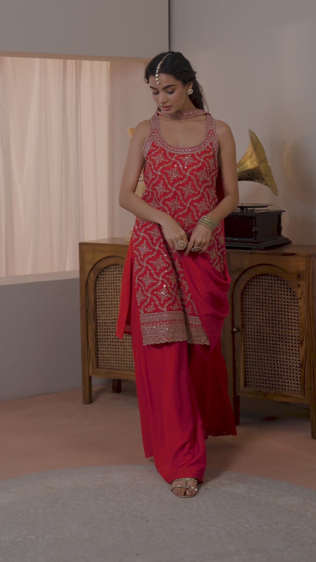 Red Embellished Chinon Palazzo Suit Set With Dupatta