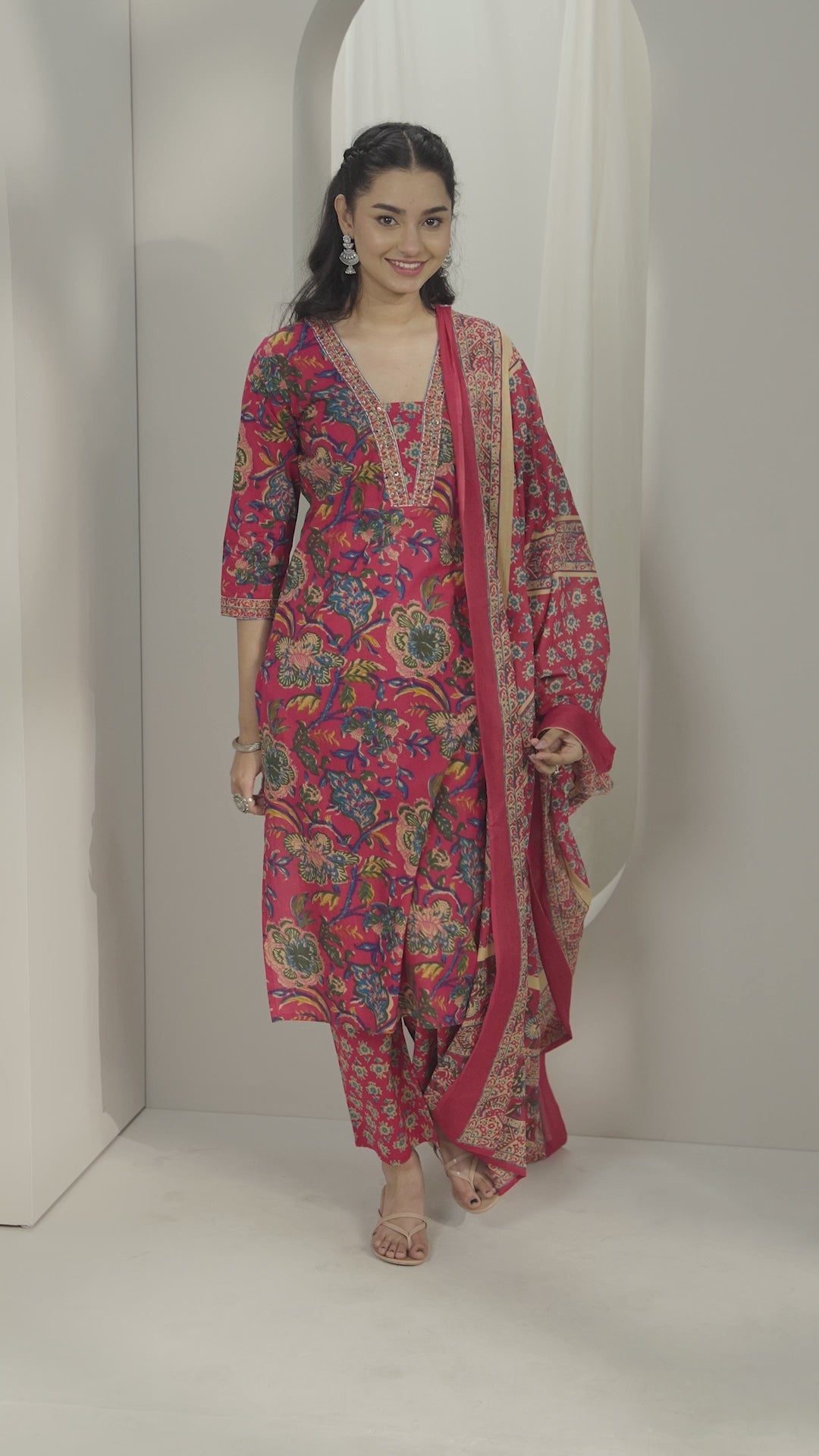 Pink Printed Cotton Straight Suit Set With Dupatta