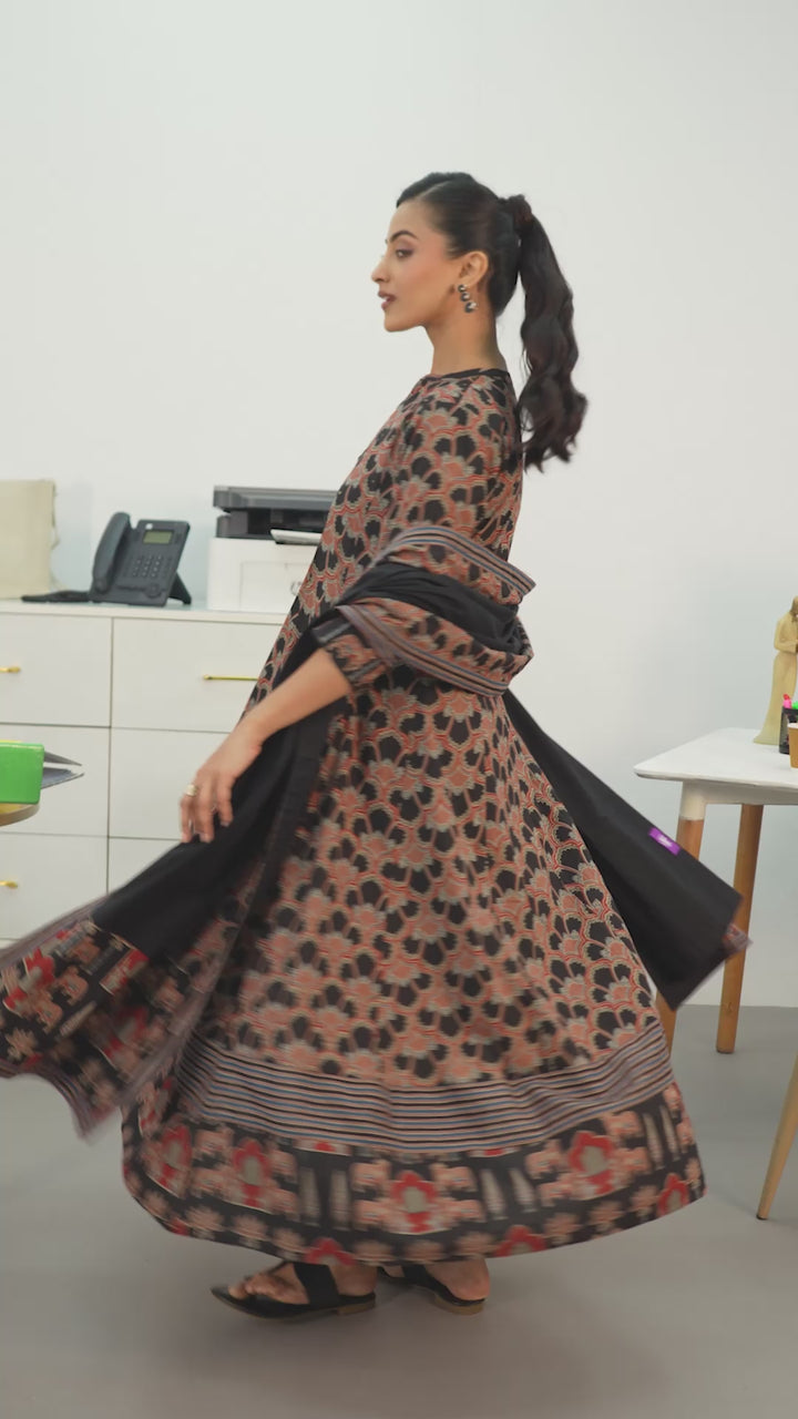 Black Ethnic Motifs Printed Cotton Blend A-Line Suit Set With Dupatta