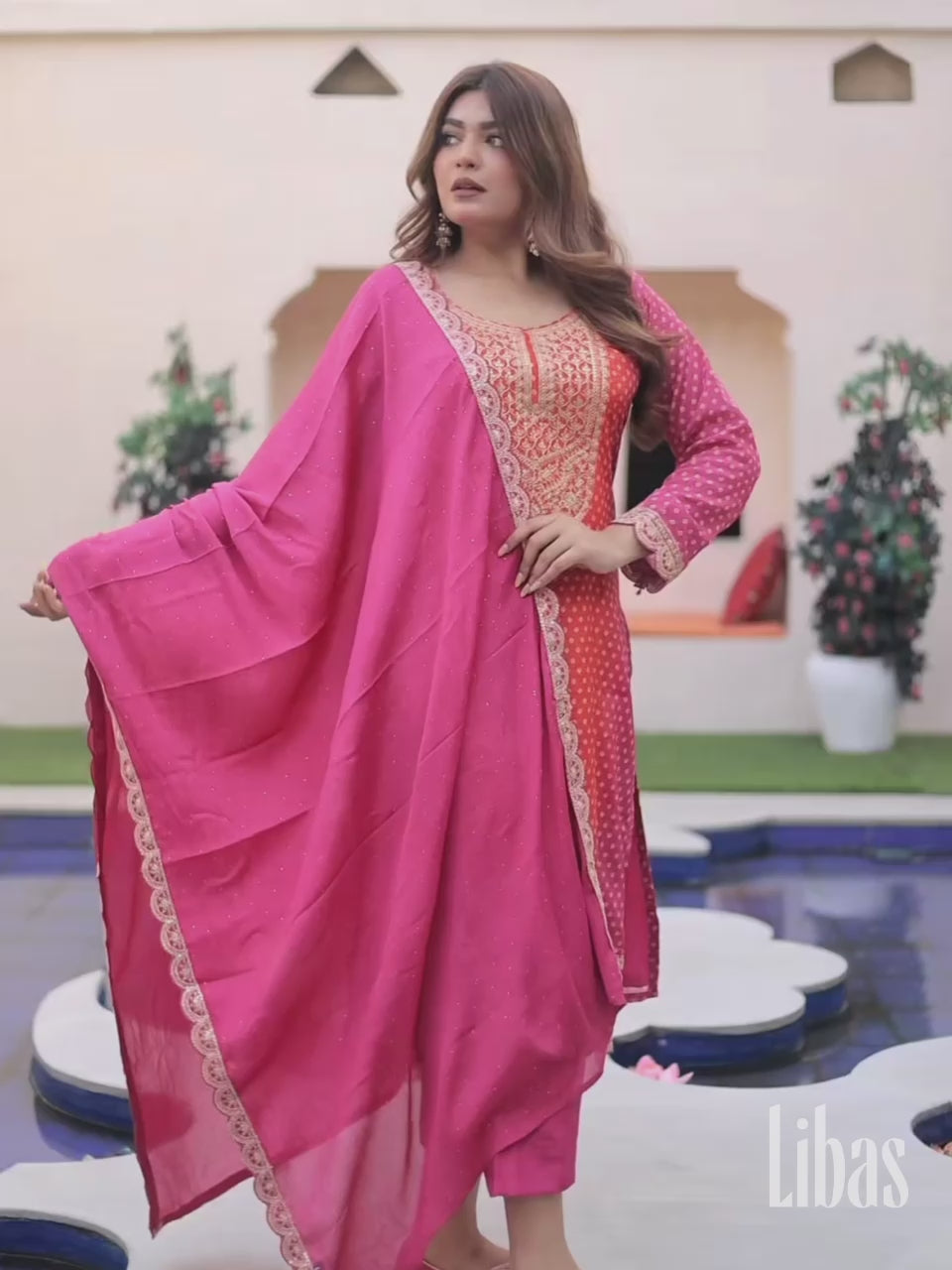Pink Printed Silk Blend Straight Suit With Dupatta