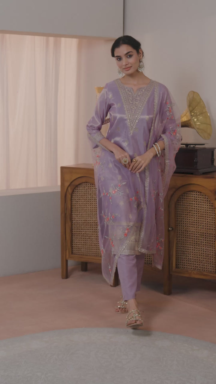 Lavender Woven Design Silk Blend Straight Suit Set With Dupatta