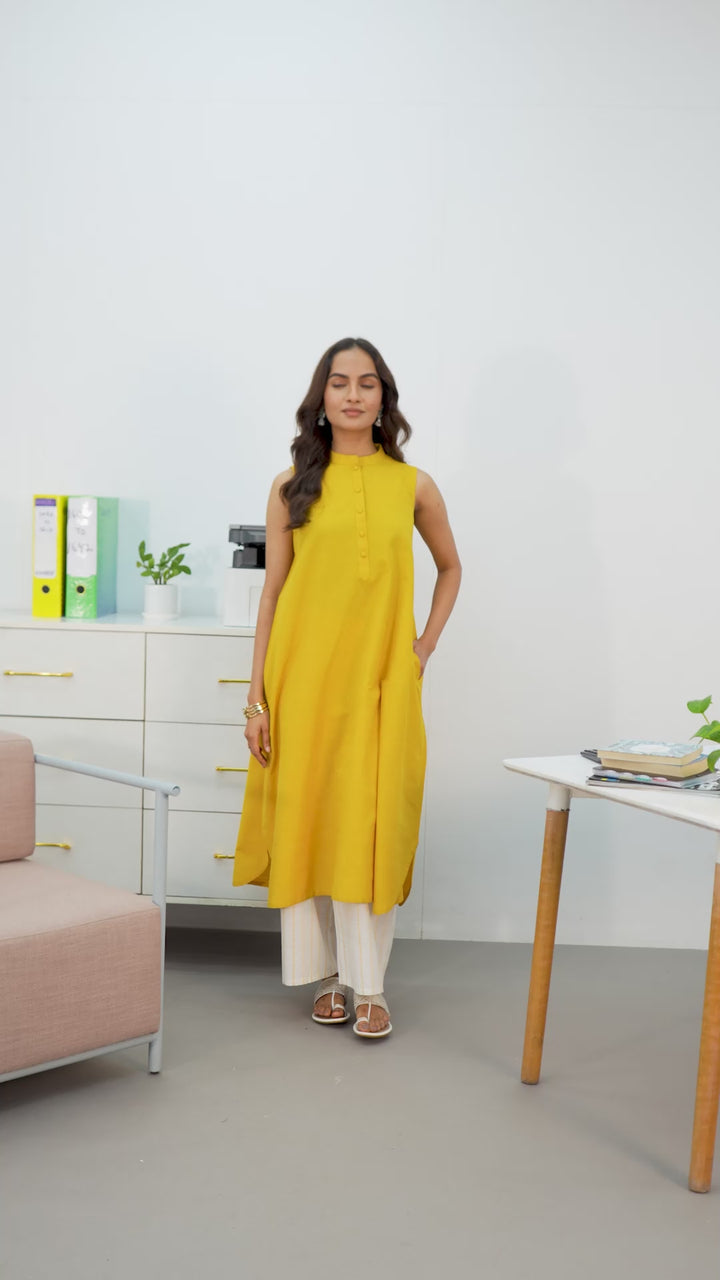 Mustard Solid Cotton Blend A-Line Kurta Set