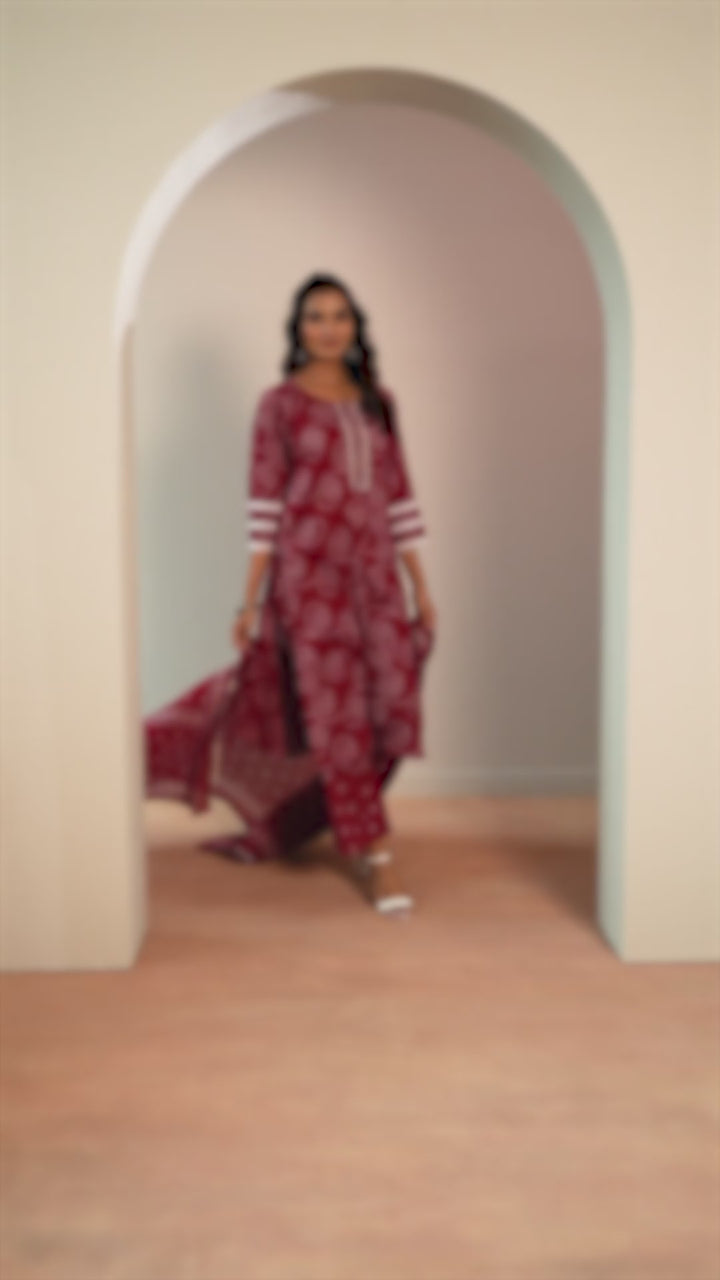 Maroon Printed Cotton Straight Suit Set With Dupatta