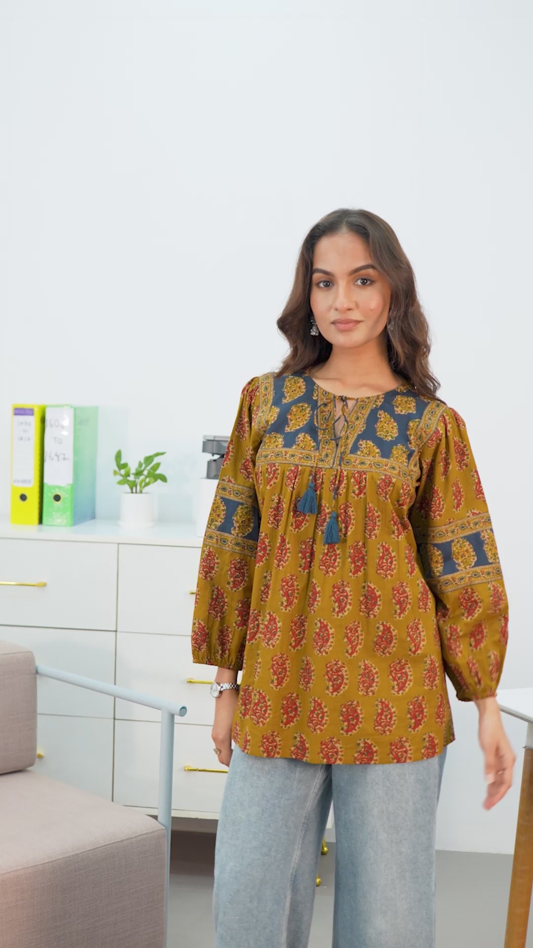 Mustard Ethnic Motifs Printed Cotton Blend Straight Short Kurti