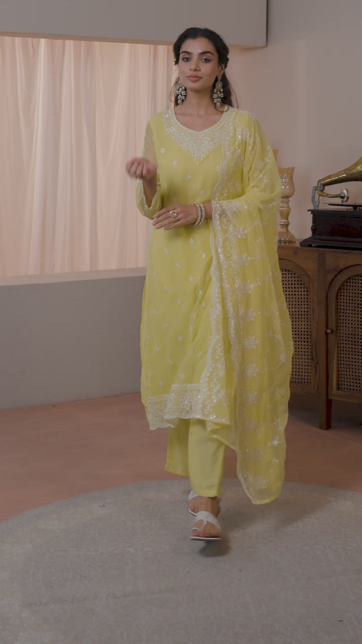 Libas Yellow Floral Embroidered Chiffon Straight Suit Set With Dupatta