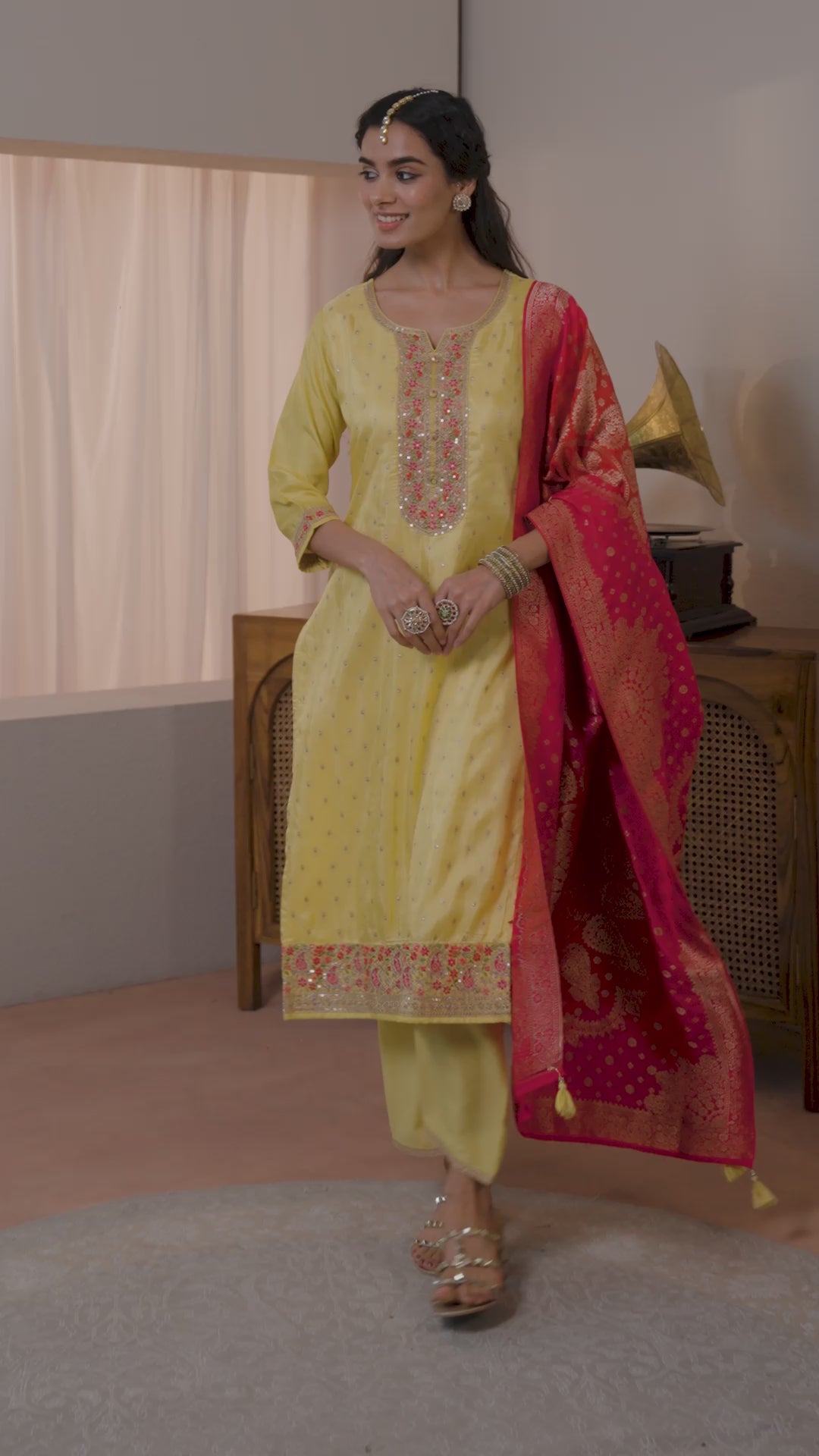 Mustard Embroidered Silk Blend Straight Suit Set With Dupatta