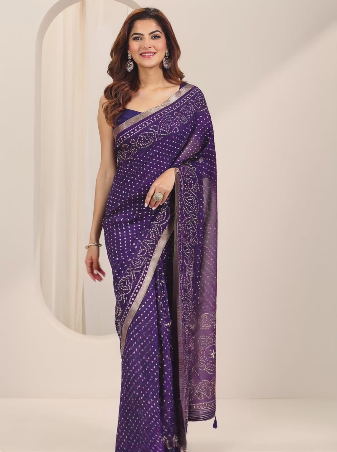 Purple Printed Bandhani Georgette Saree With Unstitched Blouse Piece