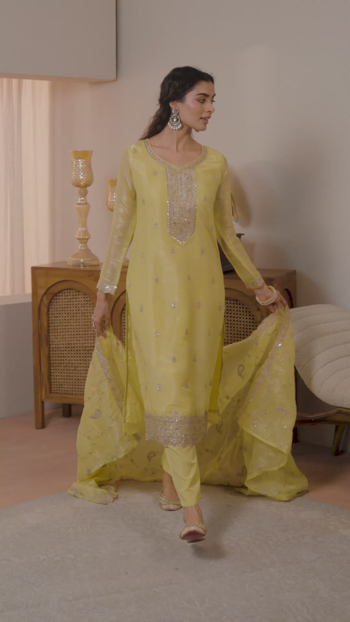 Libas Yellow Embellished Organza Straight Suit Set With Dupatta