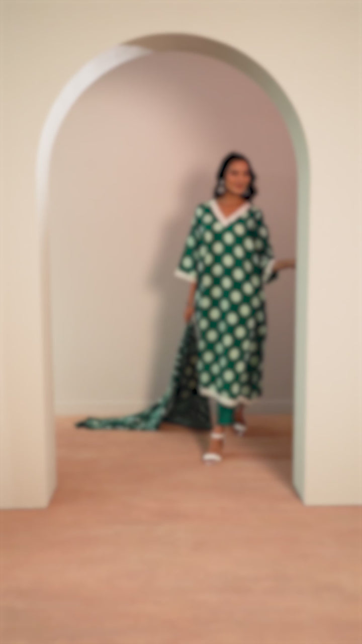 Green Printed Silk Blend A-Line Suit WIth Dupatta
