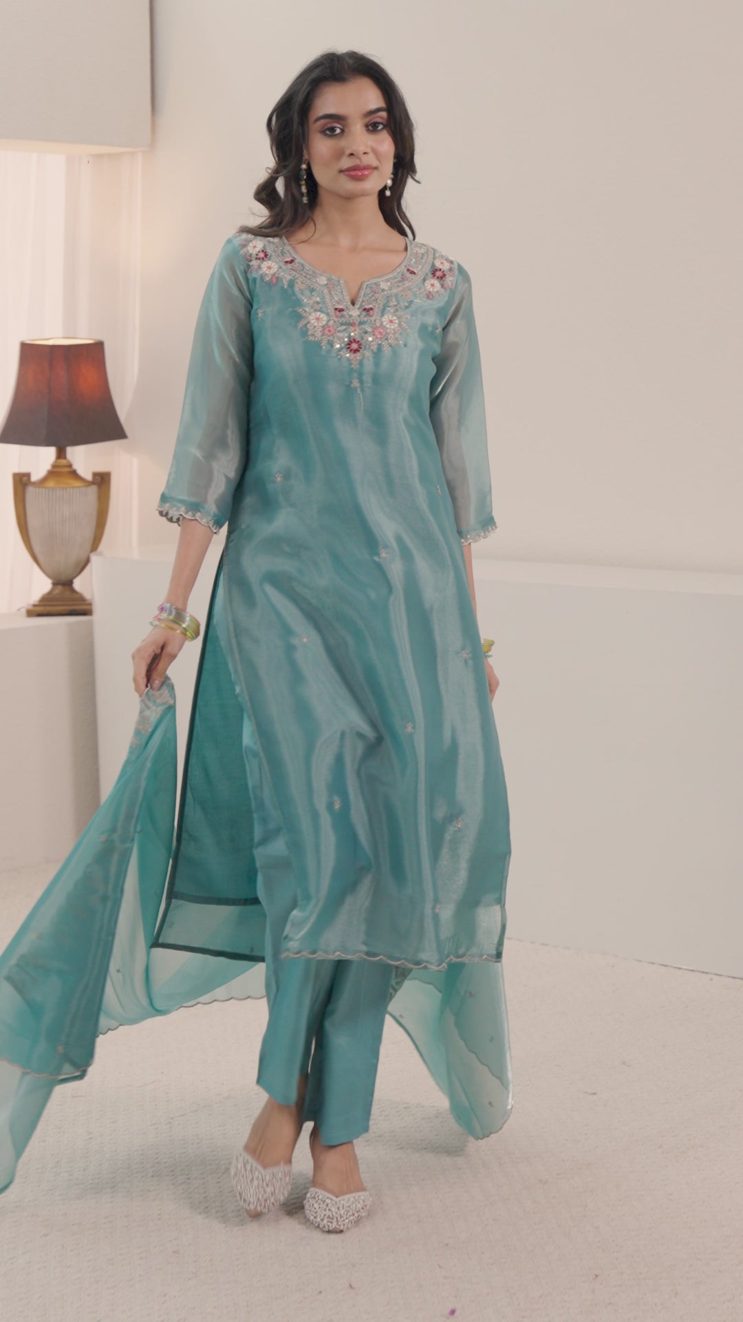 Libas Blue Floral Embroidered Tissue Straight Suit Set