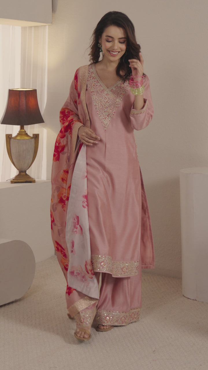 Libas Peach Embroidered Silk Blend Straight Suit Set With Printed Dupatta