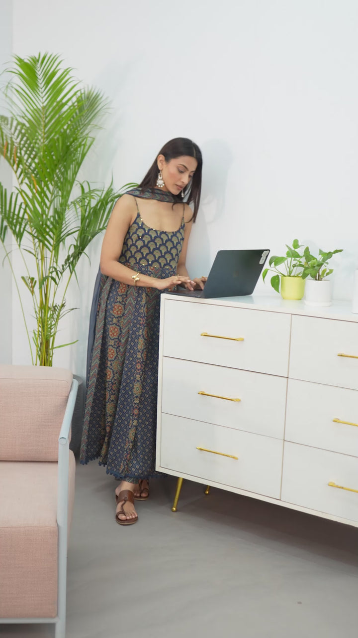 Blue Ethnic Motifs Printed Cotton Blend A-Line Suit Set With Dupatta