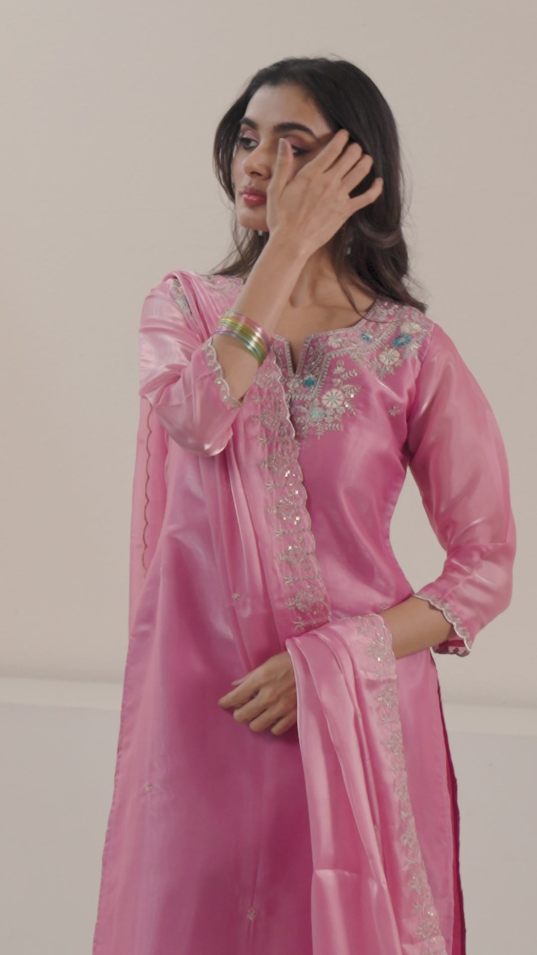 Libas Pink Floral Embroidered Tissue Straight Suit Set With Dupatta
