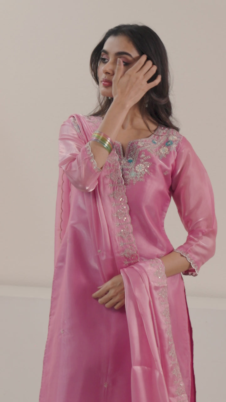 Libas Pink Floral Embroidered Tissue Straight Suit Set With Dupatta