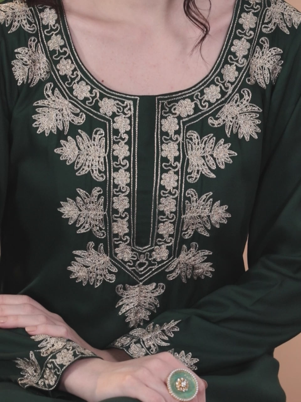 Green Yoke Design Wool Blend Straight Kurta Set