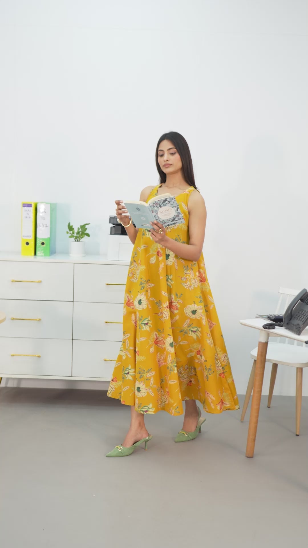 Mustard Floral Printed Cotton A-Line Sleeveless One Piece Dress