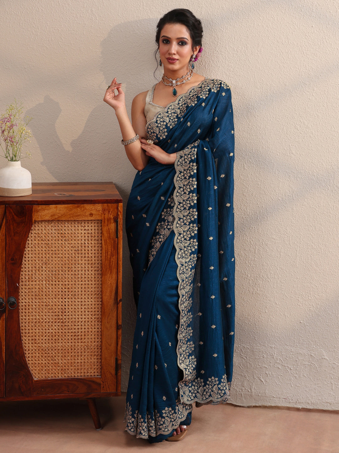 Prussian Blue Embroidered Silk Blend Saree