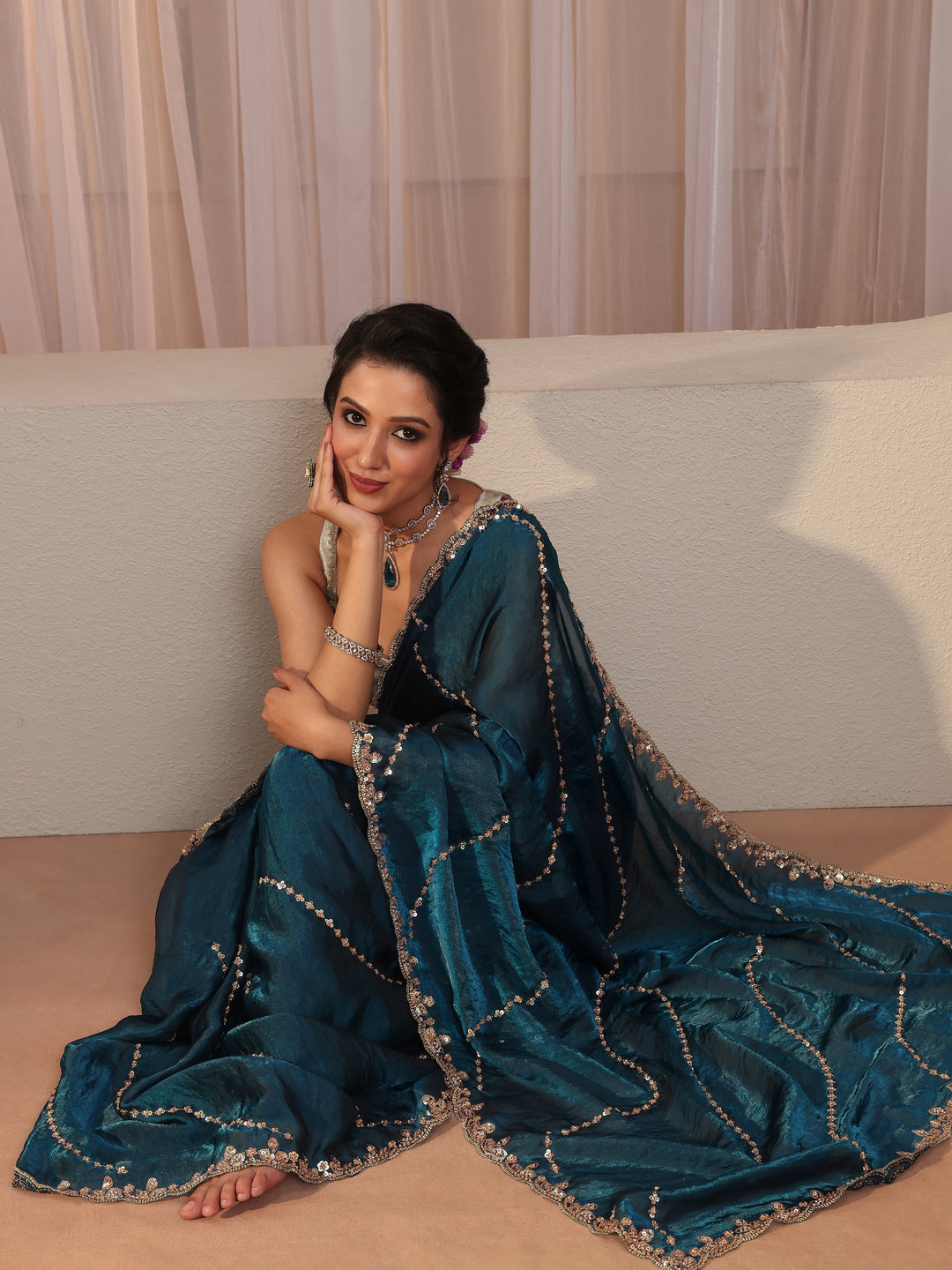Prussian Blue Sequin Embellished Tissue Saree