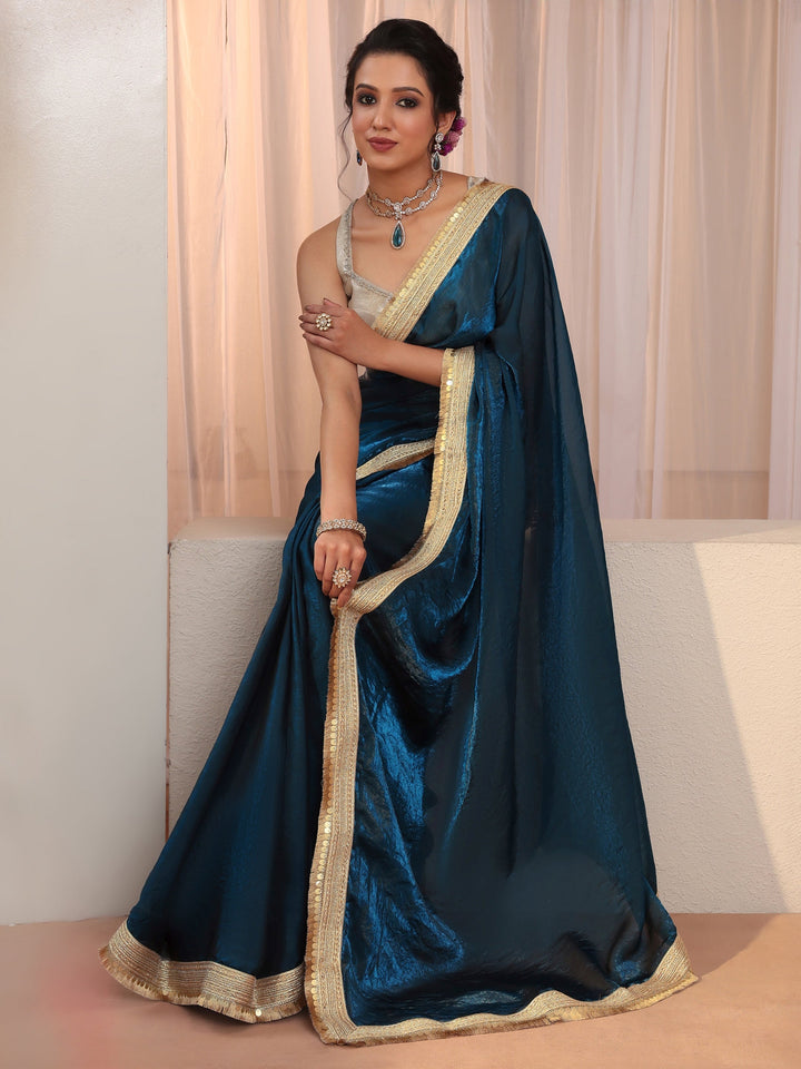 Prussian Blue Tissue Saree With Embellished Border