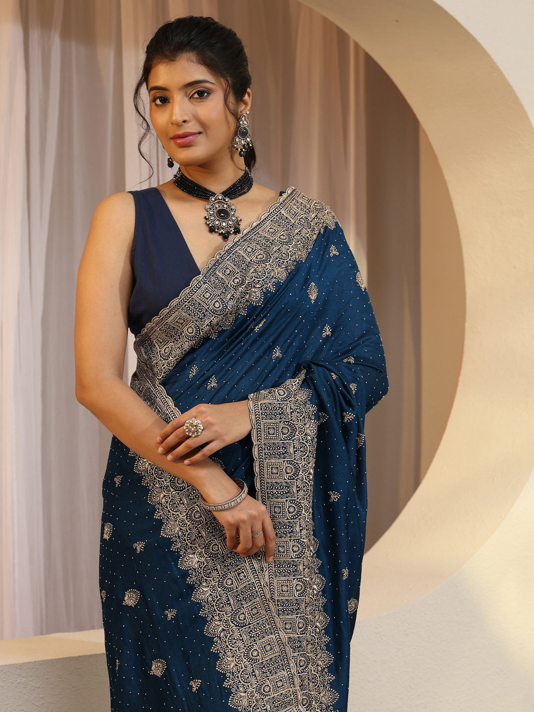 Prussian Blue Tissue Saree With Embellished Border