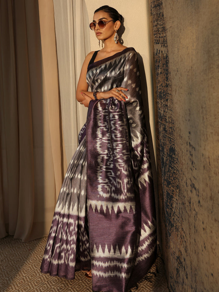 Purple Abstract Printed Silk Saree With Unstitched Blouse Piece