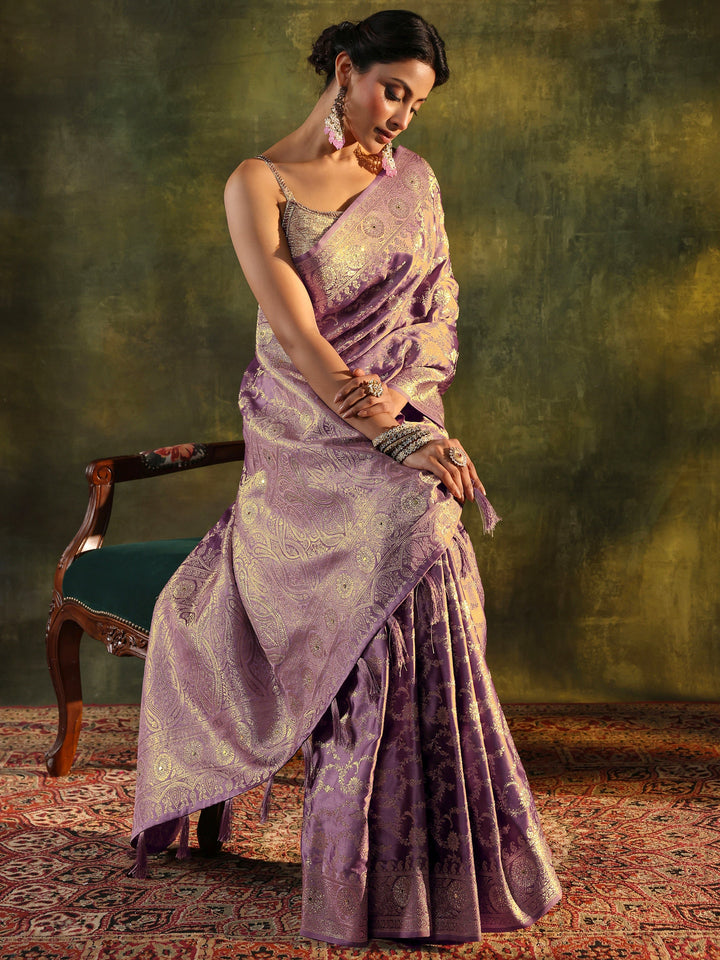 Purple Banarasi Satin Saree With Unstitched Blouse Piece