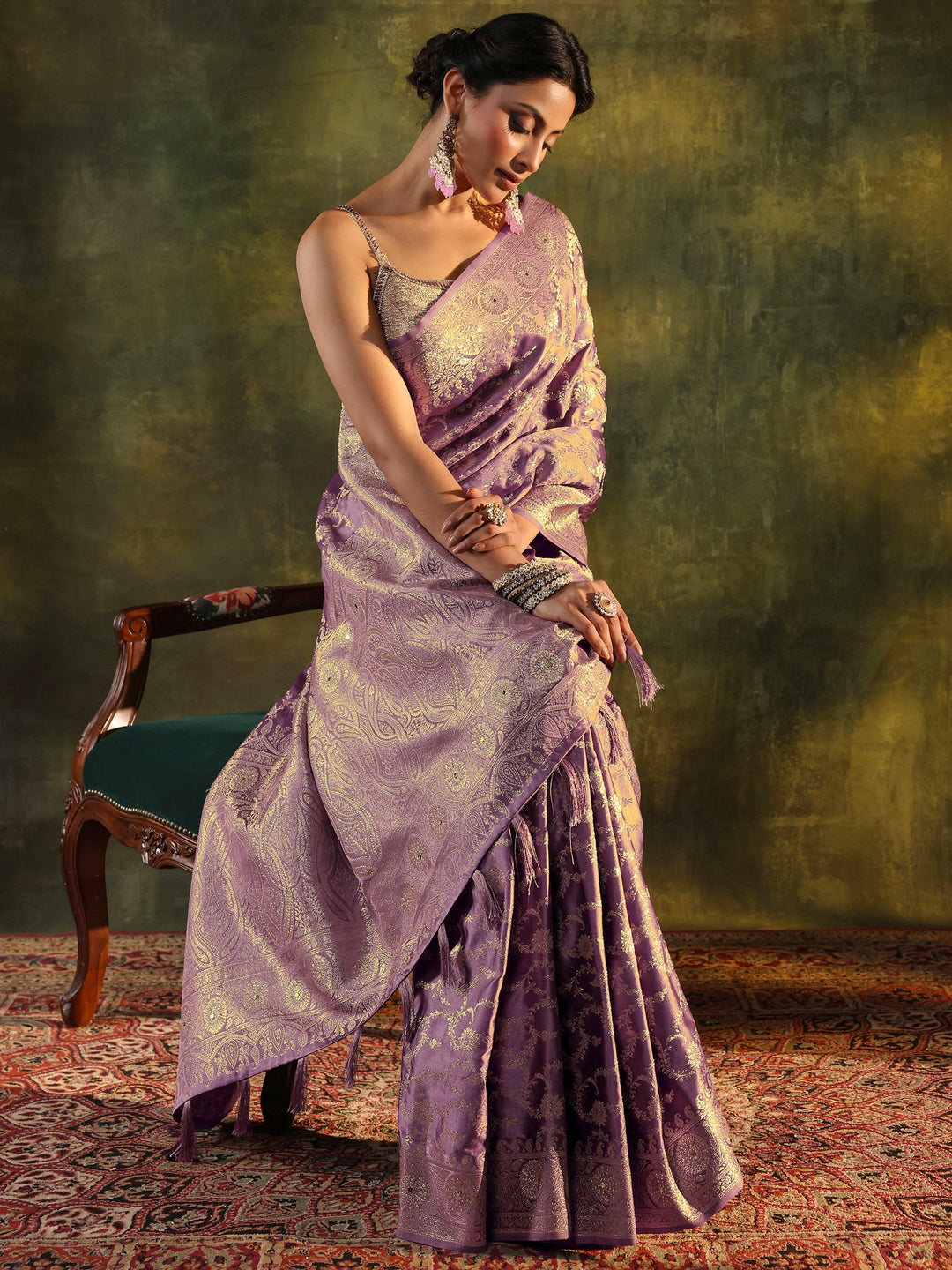 Libas Purple Banarasi Satin Saree With Unstitched Blouse Piece