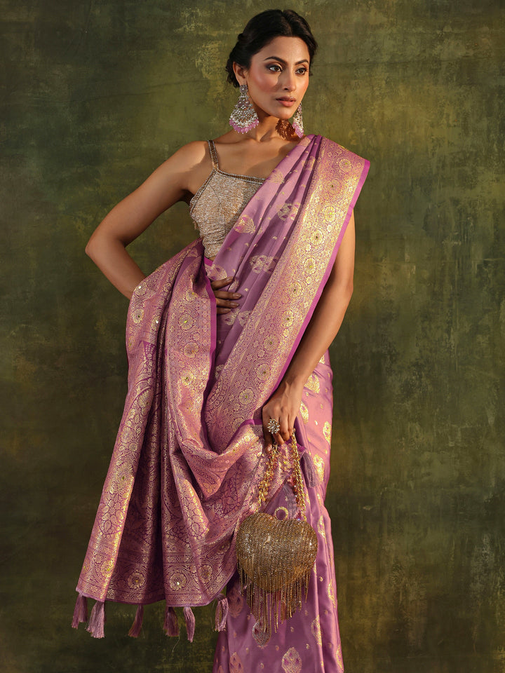 Purple Banarasi Silk Blend Saree With Unstitched Blouse Piece