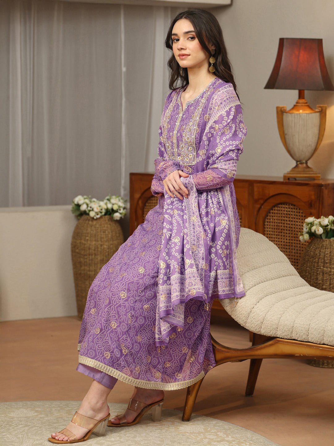 Purple Bandhani Chiffon Anarkali Suit Set
