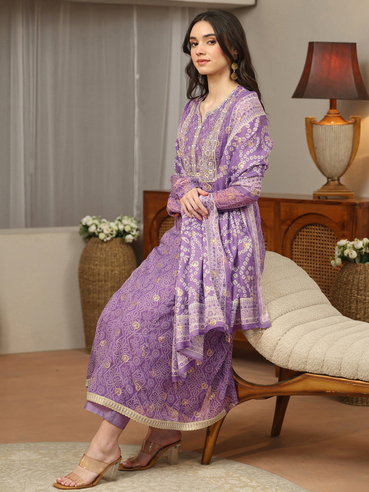 Purple Bandhani Chiffon Anarkali Suit Set