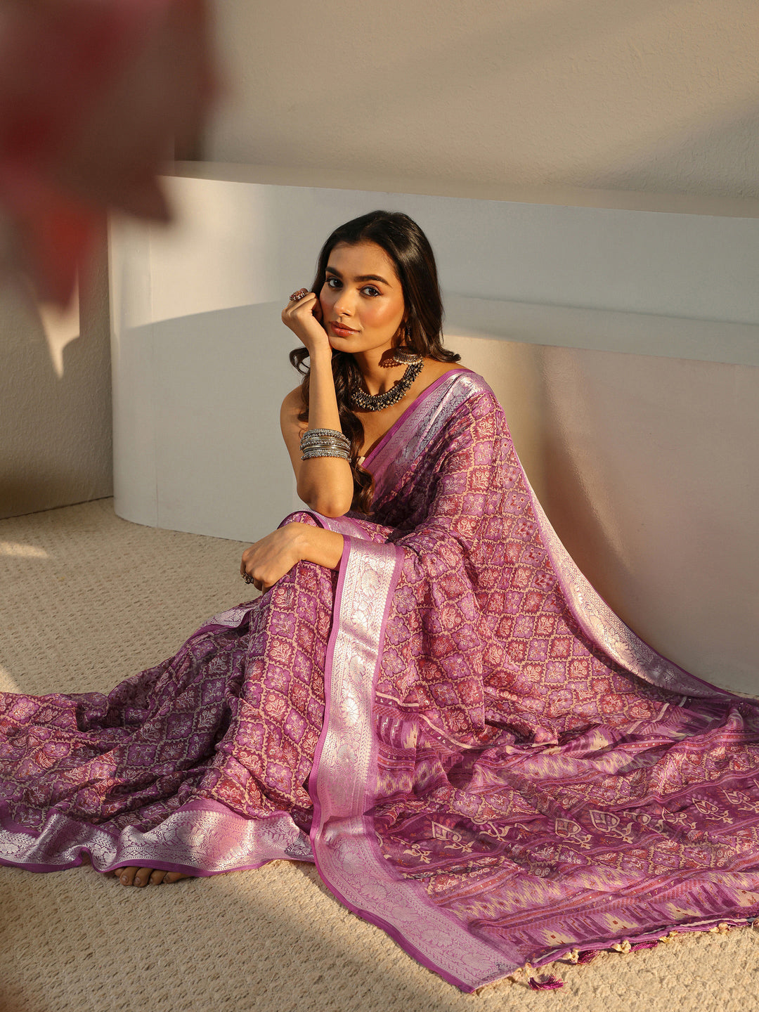 Purple Bandhani Printed Chiffon Saree With Unstitched Blouse Piece