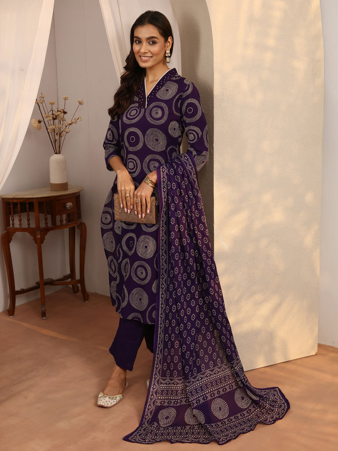 Purple Bandhani Printed Cotton Suit Set With Dupatta