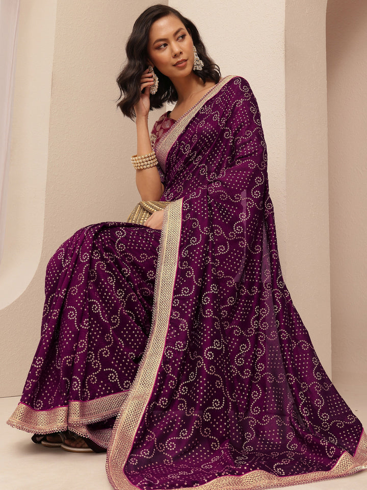 Purple Bandhani Printed Silk Blend Saree With Unstitched Blouse Piece