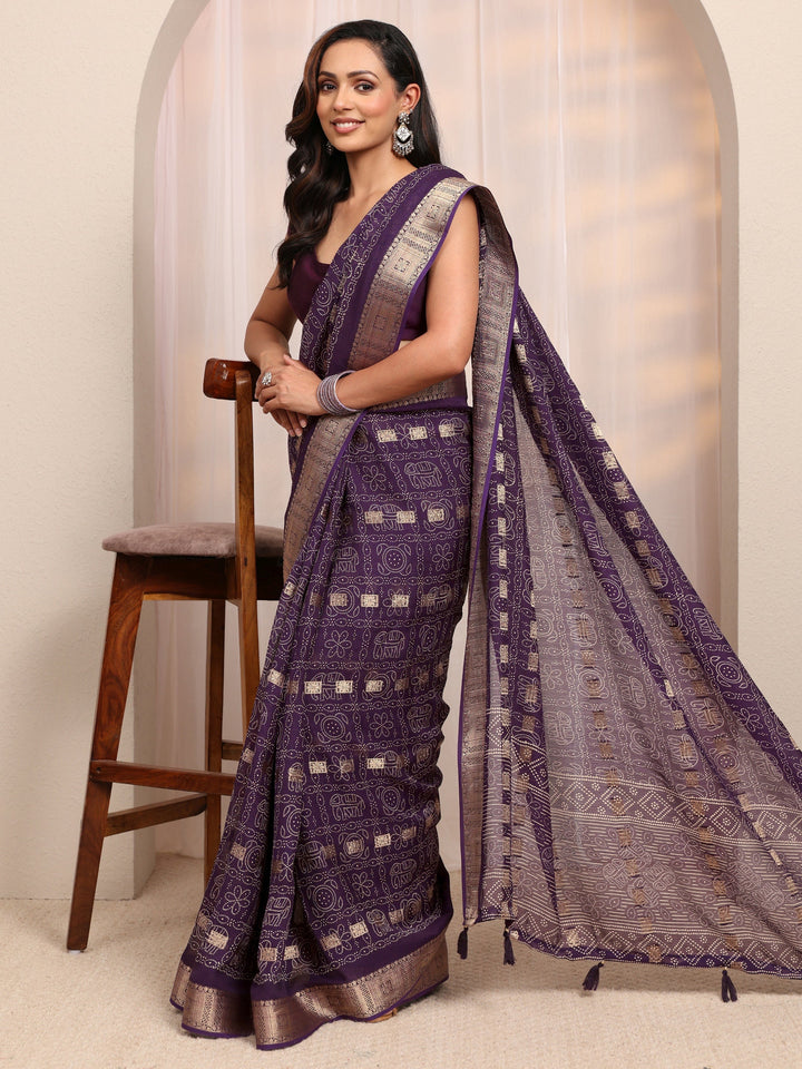 Purple Bandhani Printed Silk Blend Saree 
With Unstitched Blouse Piece