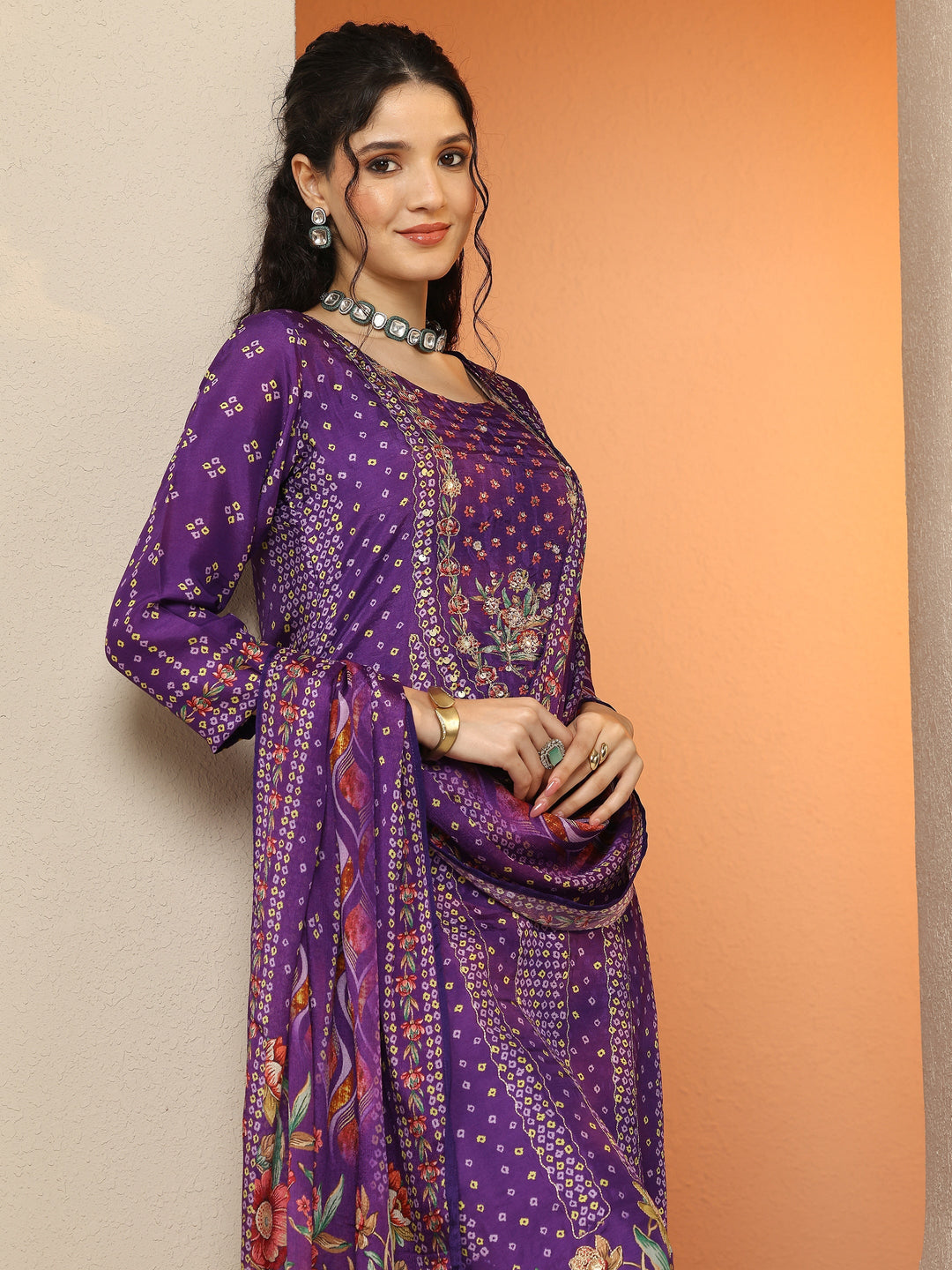 Purple Bandhani Printed Silk Blend Straight Suit Set With Dupatta