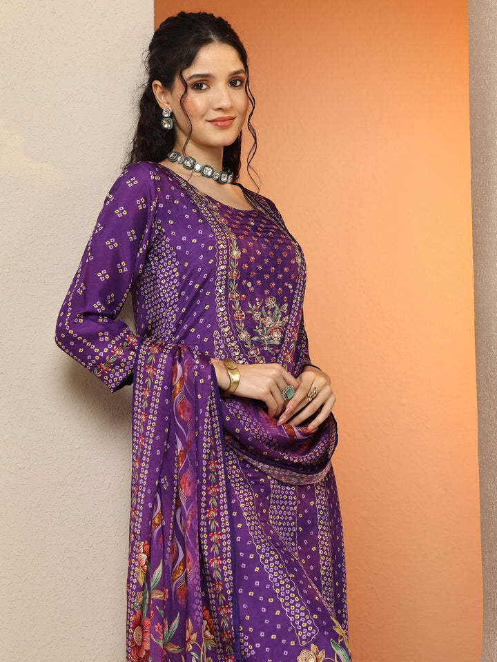 Purple Bandhani Printed Silk Blend Straight Suit Set With Dupatta