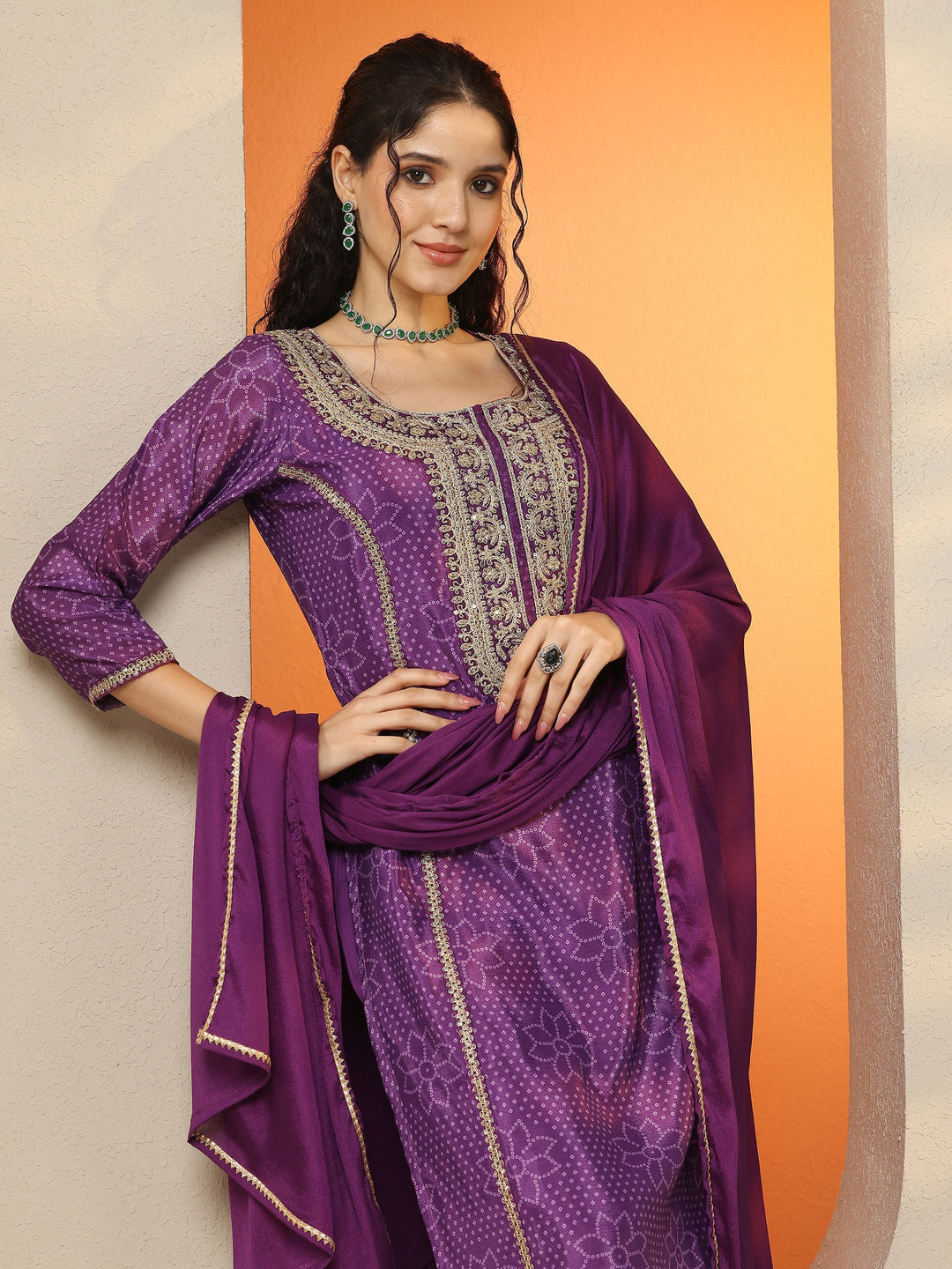 Purple Bandhani Printed Silk Blend Straight Suit Set With Dupatta