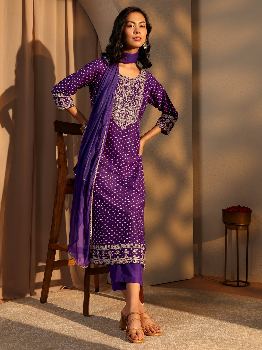 Purple Bandhani Printed Silk Blend Straight Suit Set With Dupatta