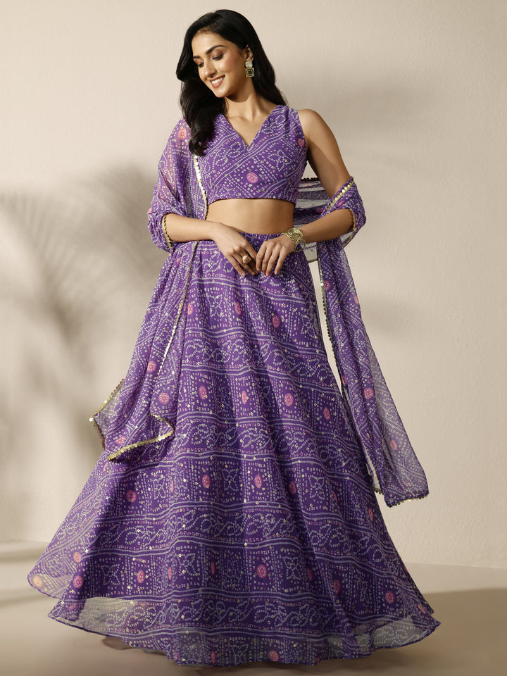 Purple Bandhani Printed Silk Chiffon Lehenga Set