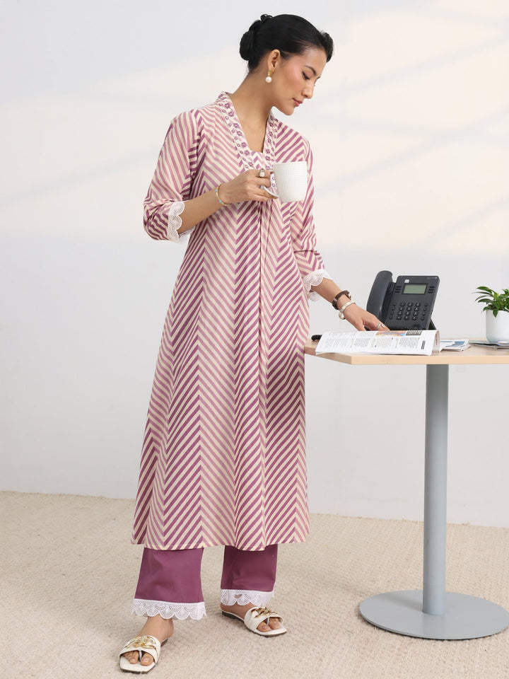 Purple Chevron Printed Cotton Blend A-Line Kurta Set