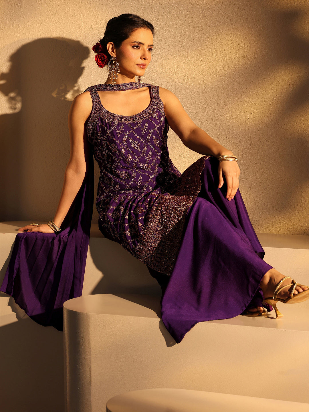 Purple Embellished Chinon Palazzo Suit Set With Dupatta