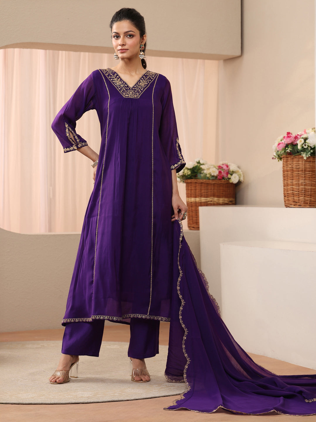 Purple Embellished Silk Blend A-Line Suit Set