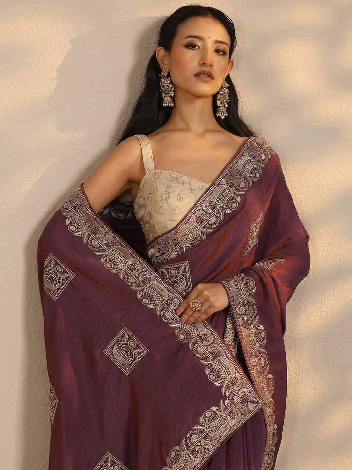 Purple Embellished Silk Blend Saree With Unstitched Blouse Piece