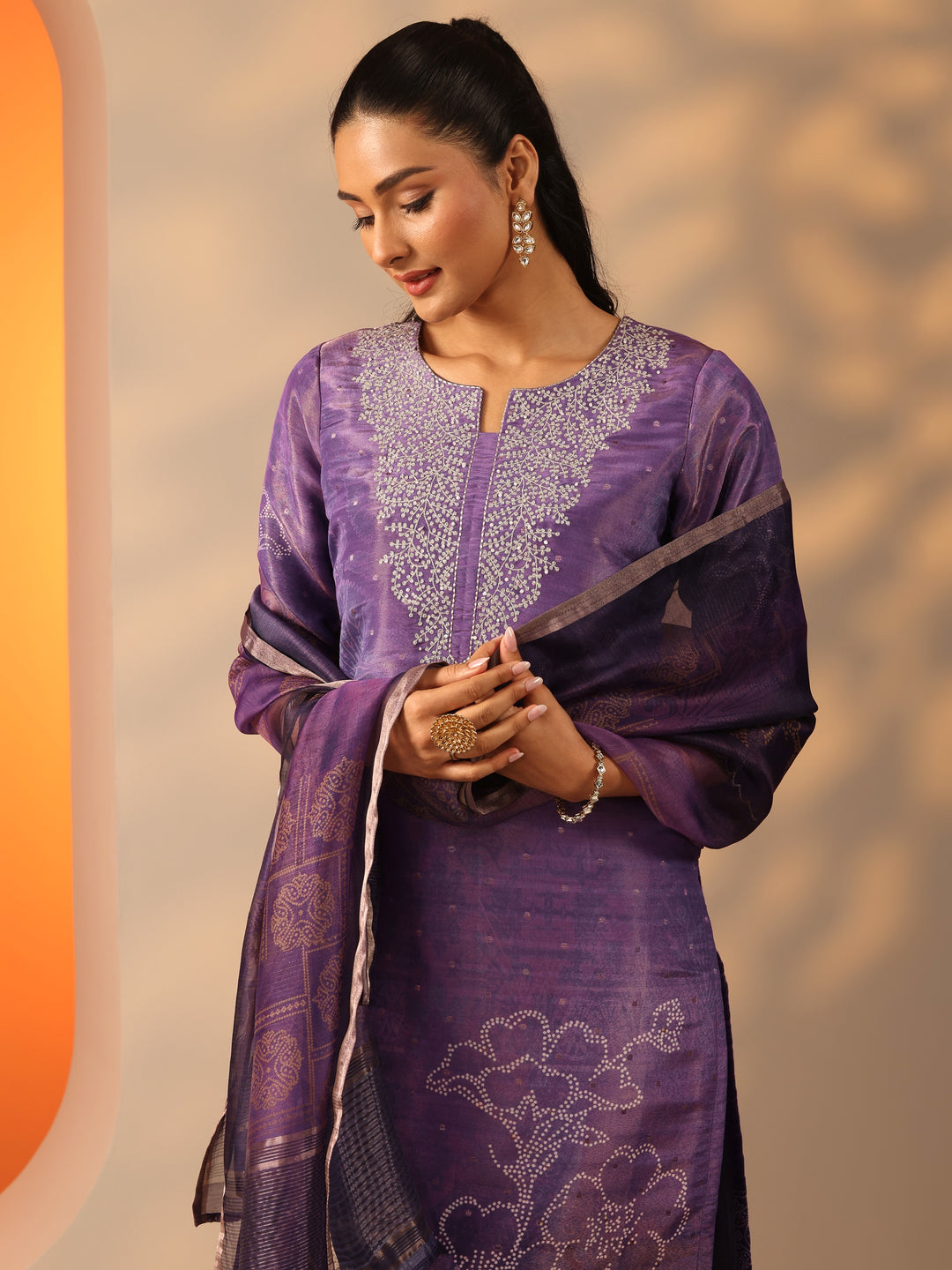 Purple Embellished Silk Blend Straight Suit Set With Dupatta