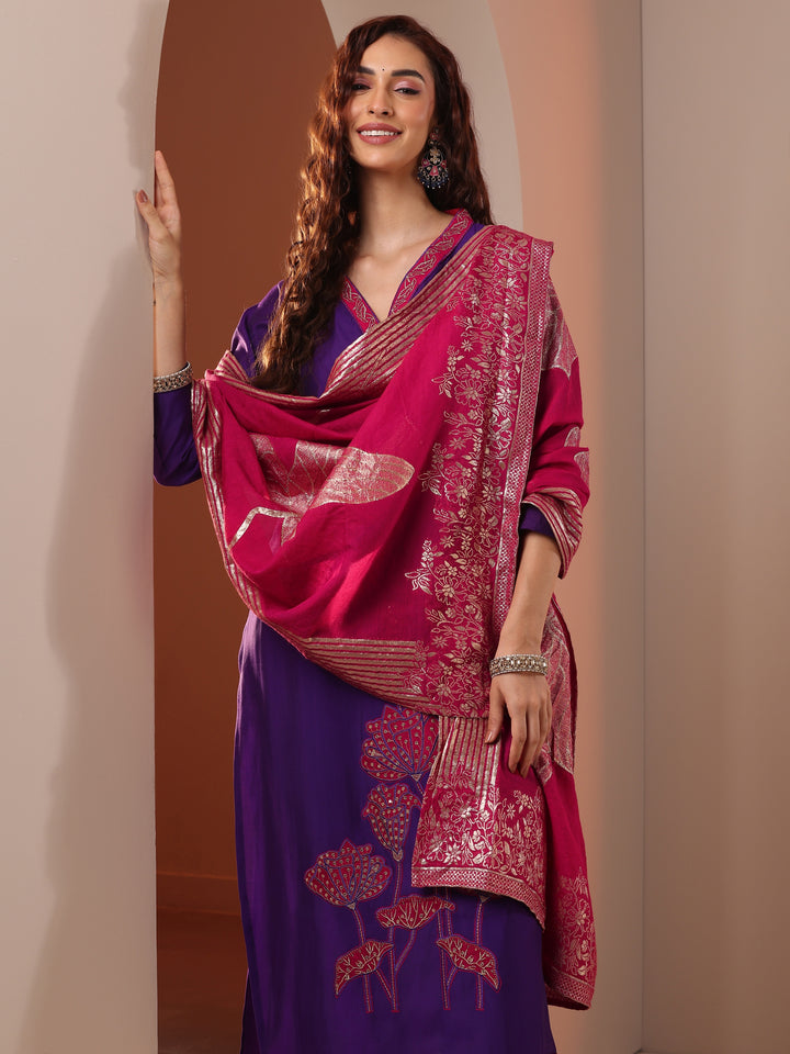 Purple Embellished Silk Blend Straight Suit Set With Dupatta