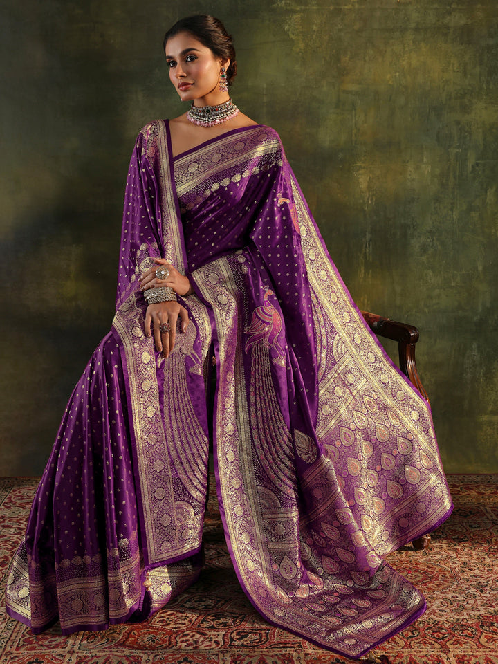 Purple Embellished  Silk Saree With Unstitched Blouse And Dupatta