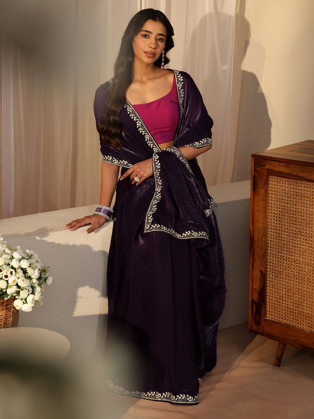 Purple Embellished Tissue Saree