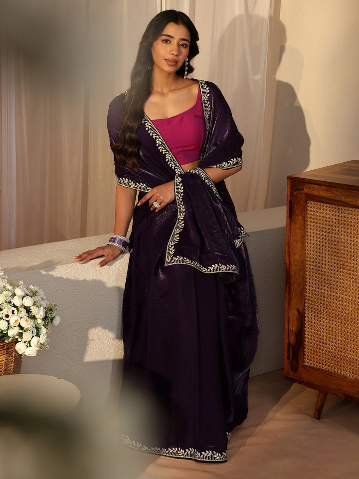 Purple Embellished Tissue Saree